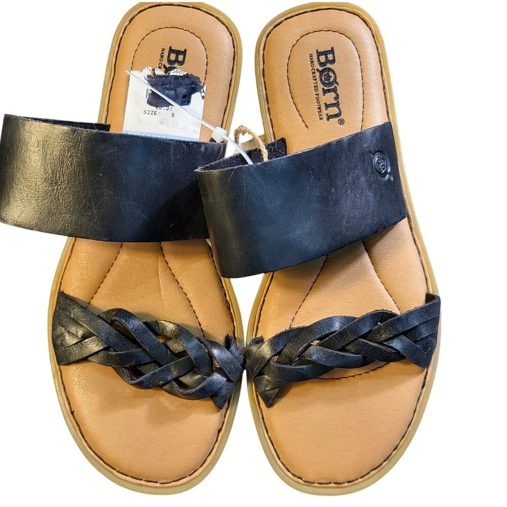 NEW Born Cherita Black Leather Braided Strap slip-on Slide Sandals Womens size 6